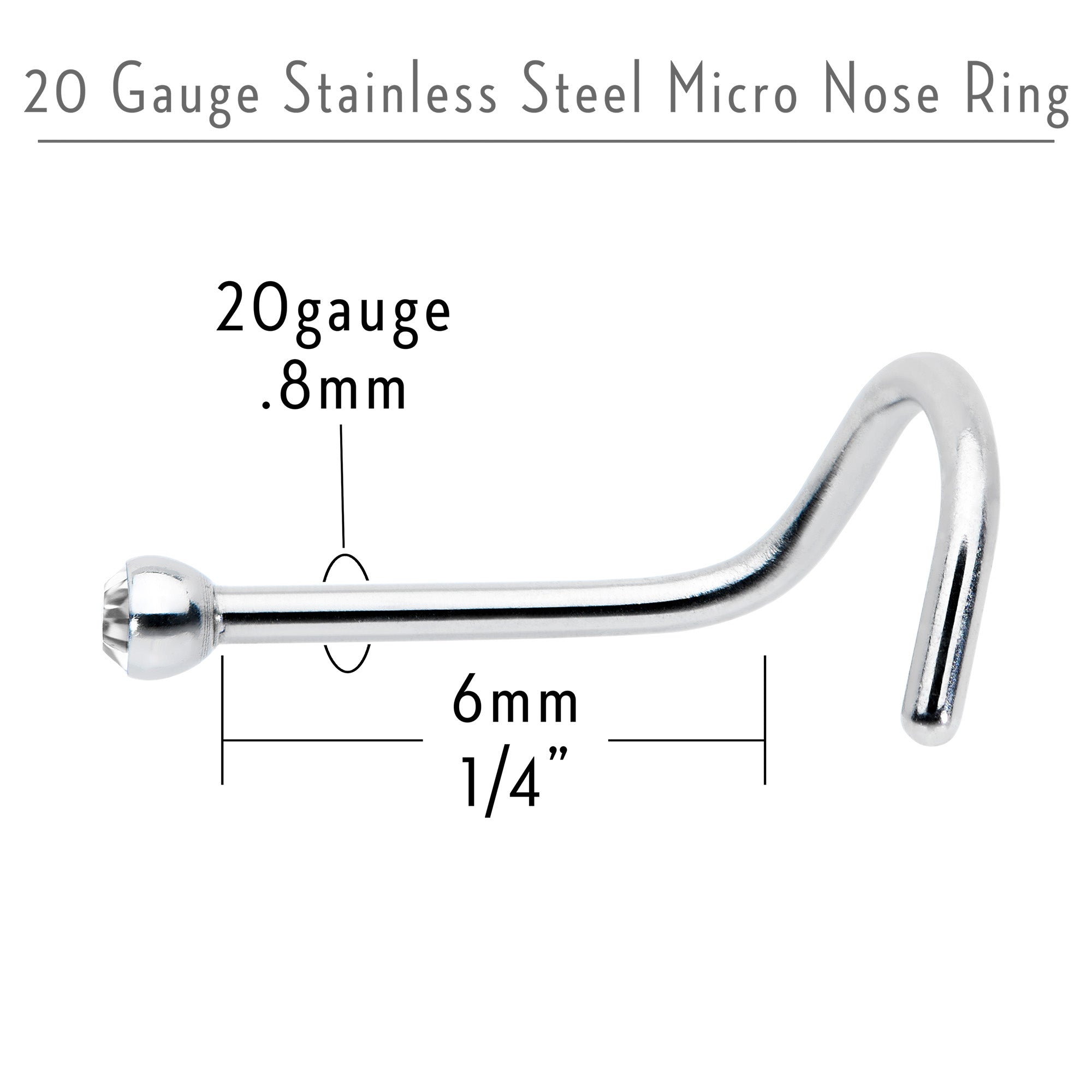 20G Stainless Steel Crystalline Gem Micro Nose Ring Twister