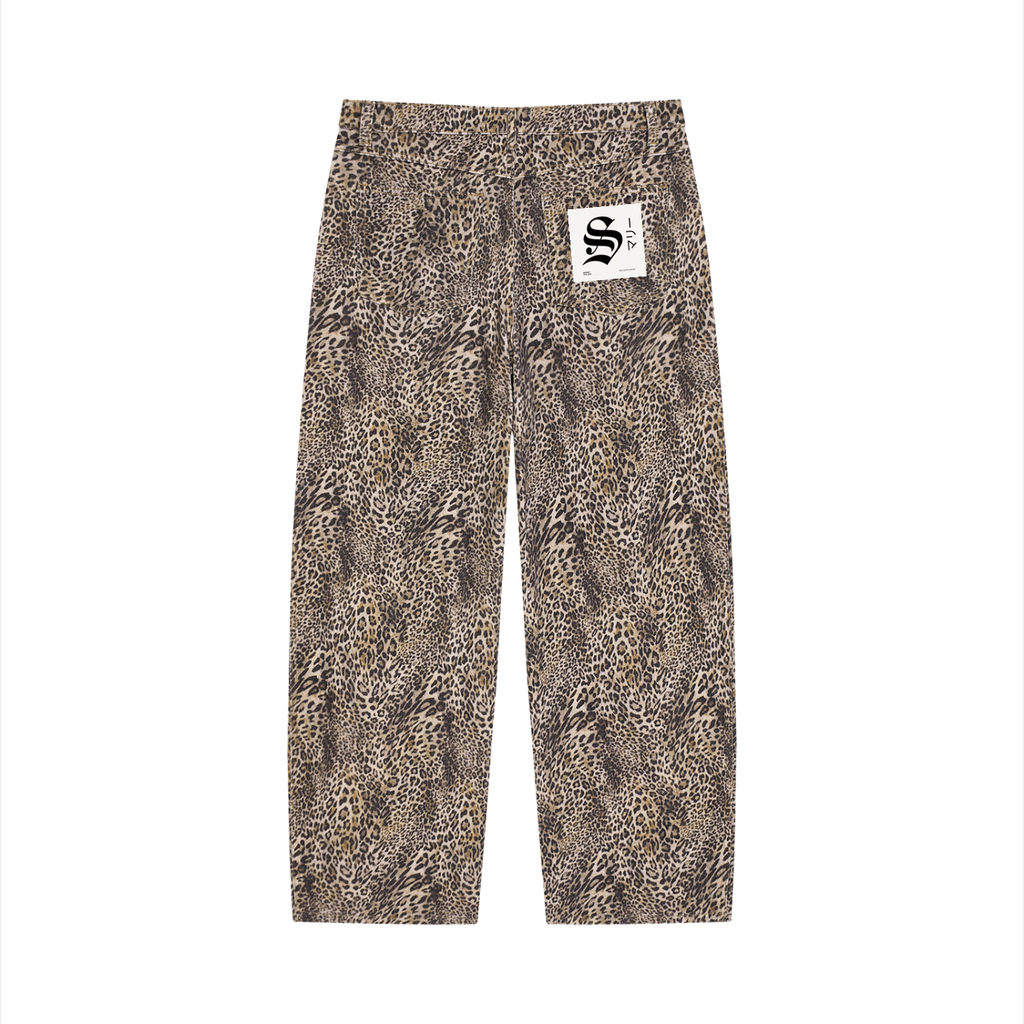 Unisex Vintage Wash Leopard Wide Leg Jeans