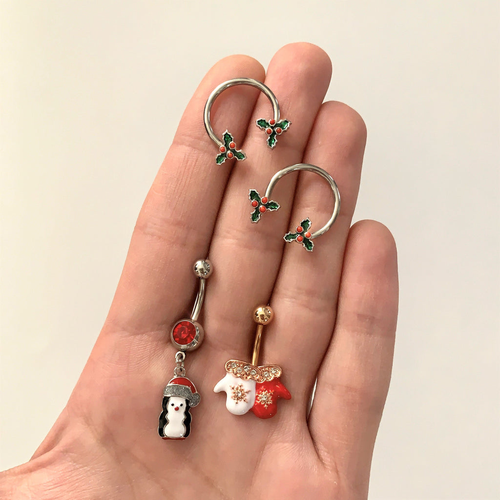 14G 9/16 Holly Christmas Horseshoe Nipple Ring Set