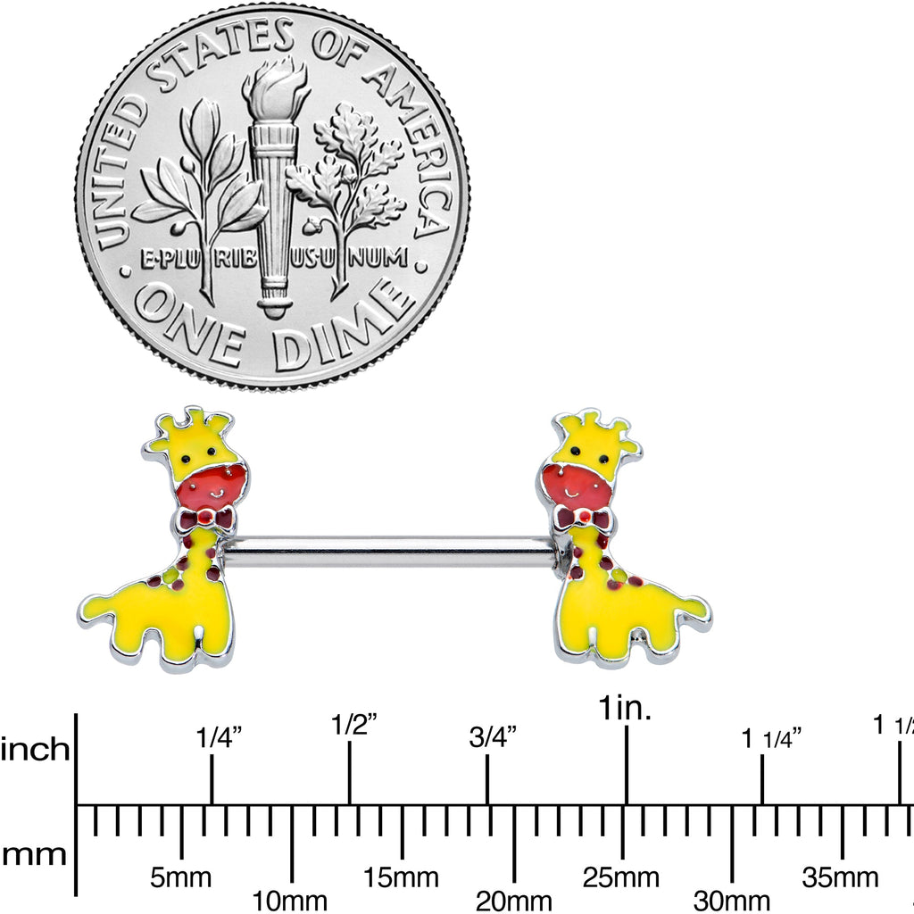 14G 9/16 Bow Tie Yellow Red Giraffe Barbell Nipple Ring Set