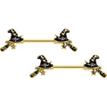 14G 9/16 Clear Gem Gold Tone Witch Hat Broom Nipple Ring Set