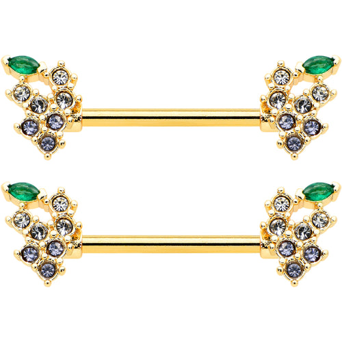14G 9/16 Clear CZ Gem Gold Tone Bunch Grapes Nipple Ring Set