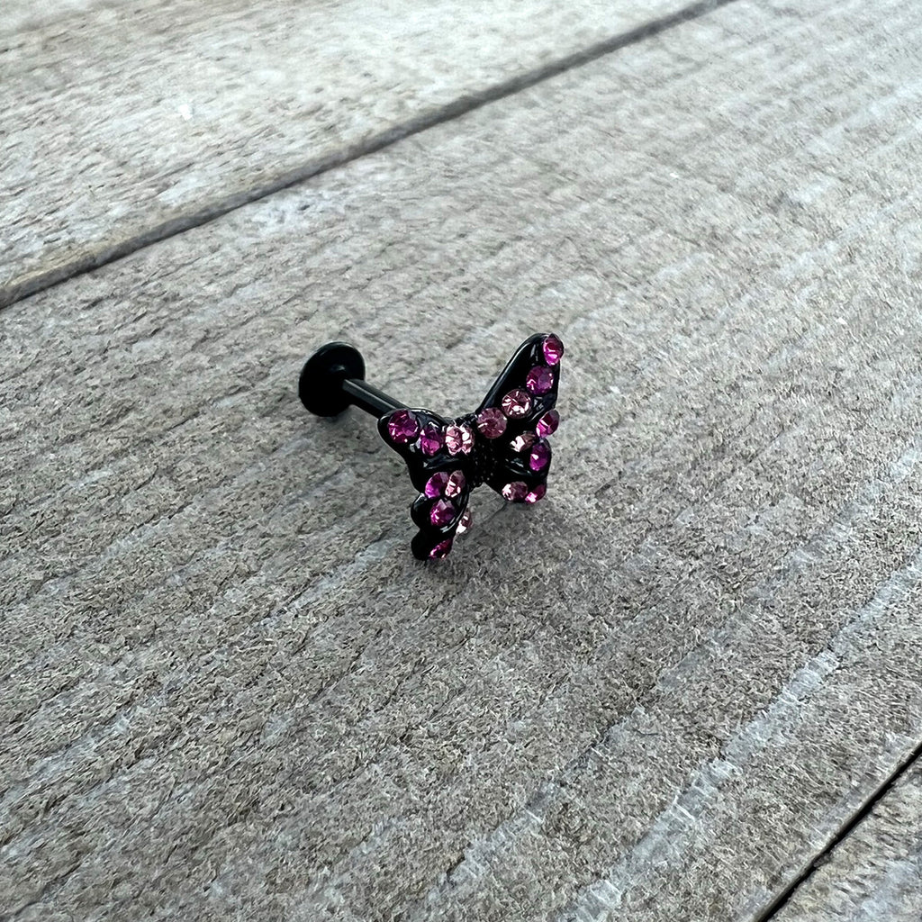16G 5/16 Pink Gem Black Midnight Butterfly Labret Monroe Tragus