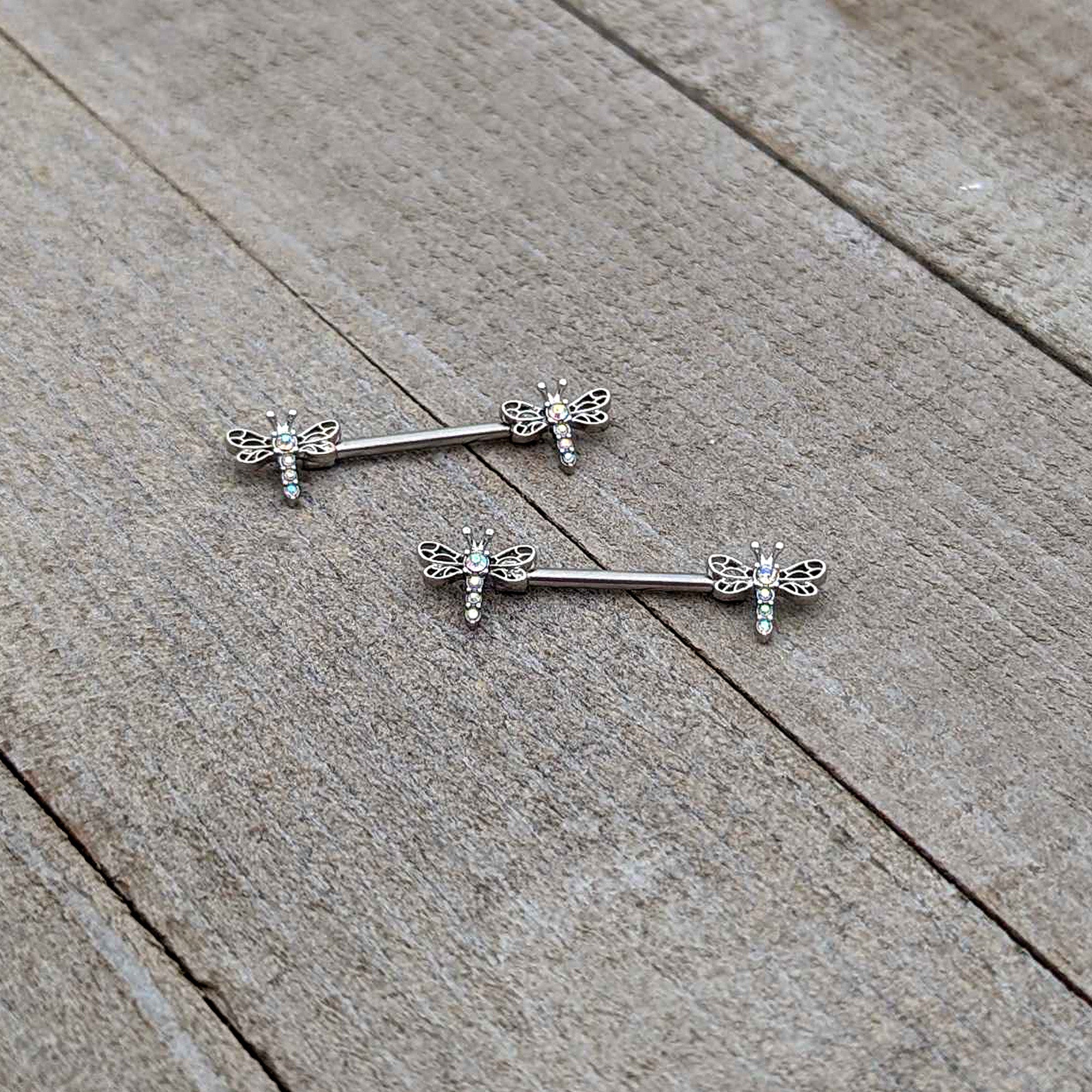 14G 9/16 Aurora Gem Ornate Dragonflies Barbell Nipple Ring Set