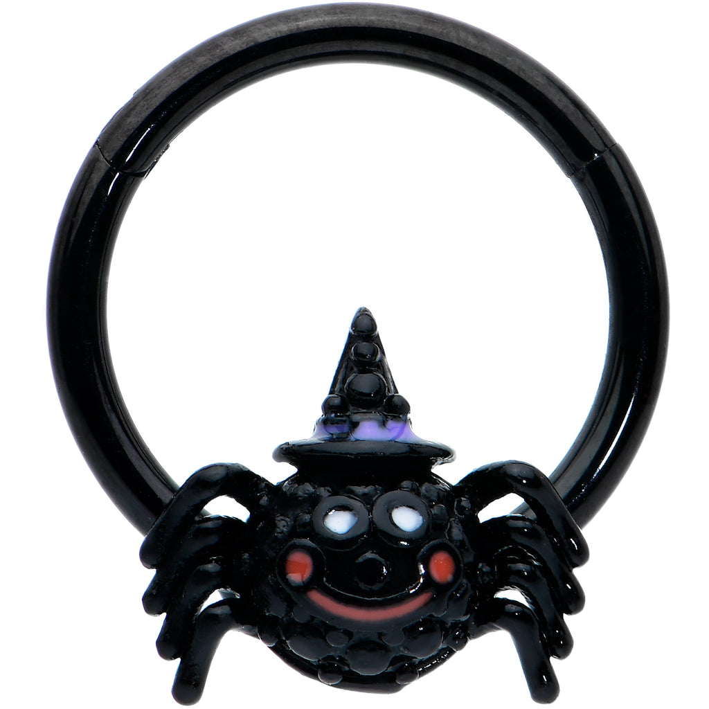 16G 3/8 Black Halloween Smiling Spider Witch Hinged Segment Ring