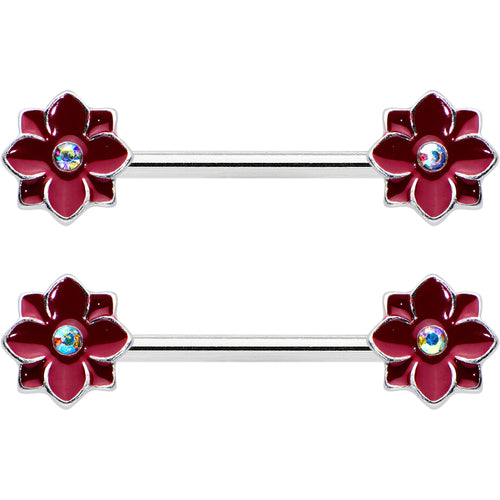 14G 9/16 Aurora Gem Poinsettia Flower Barbell Nipple Ring Set