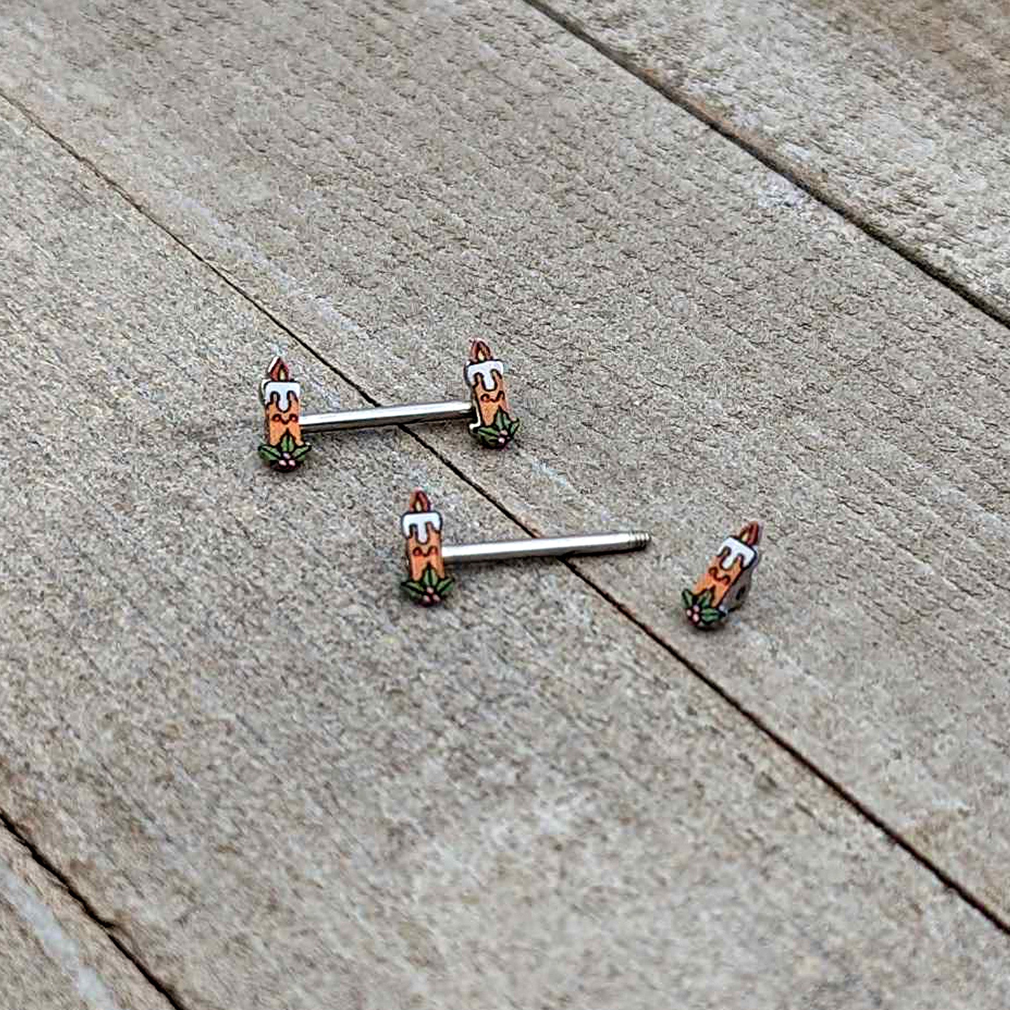 14G 9/16 Sweet Holiday Christmas Candle Barbell Nipple Ring Set