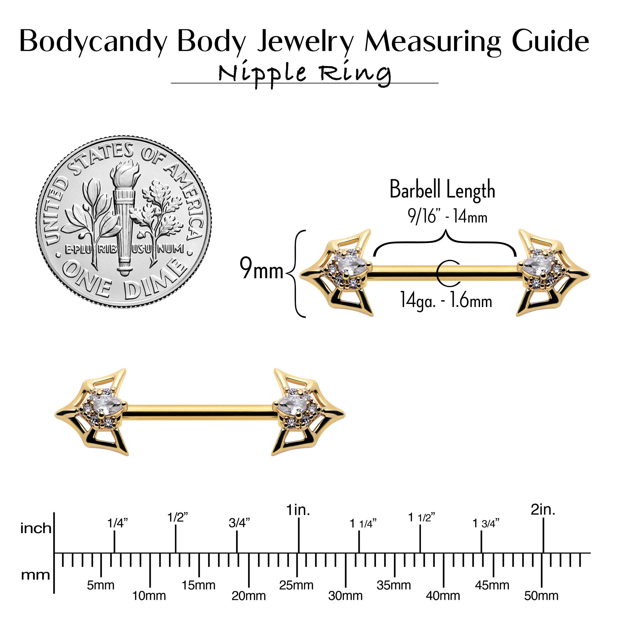 14G 5/8 Clear Gem Gold Tone Spider Bat Barbell Nipple Ring Set