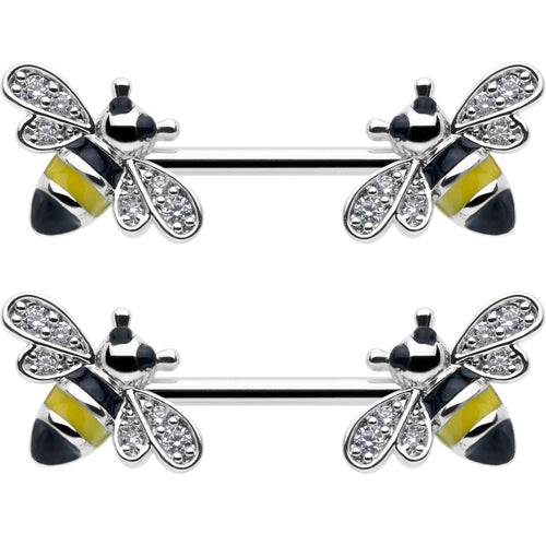 14G 9/16 Clear CZ Gem Honey Bees Barbell Nipple Ring Set