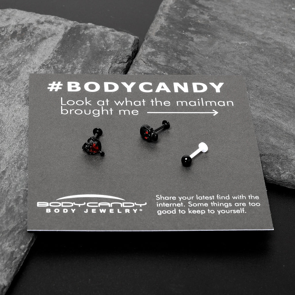 16G 5/16 Red CZ Gem Black Skull Passion Heart Labret Tragus Curation Set of 3
