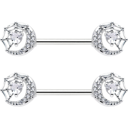 14G 9/16 Clear CZ Gem Heart Web Moon Barbell Nipple Ring Set