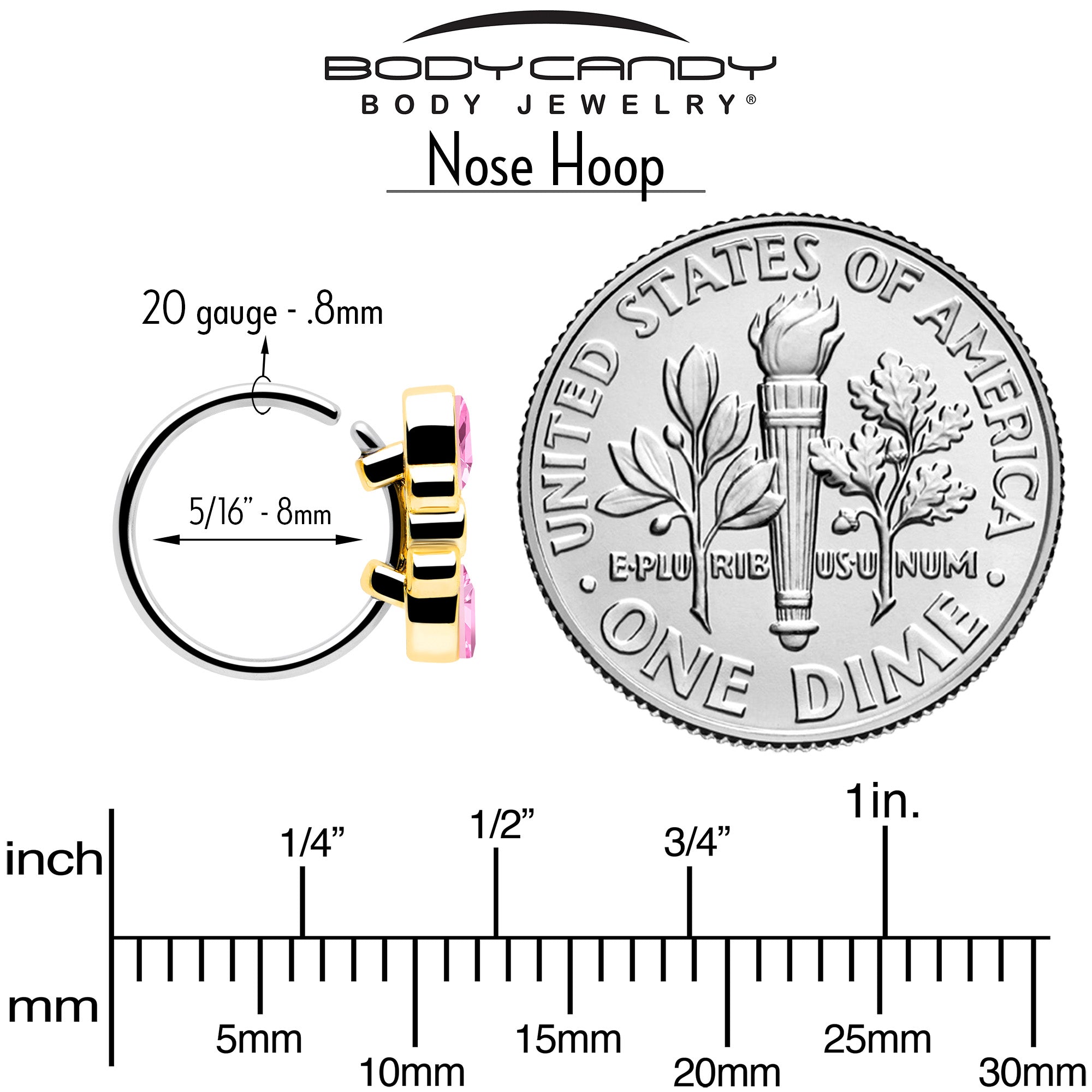 20G 5/16 Pink Gem Golden Crown Deluxe Nose Hoop