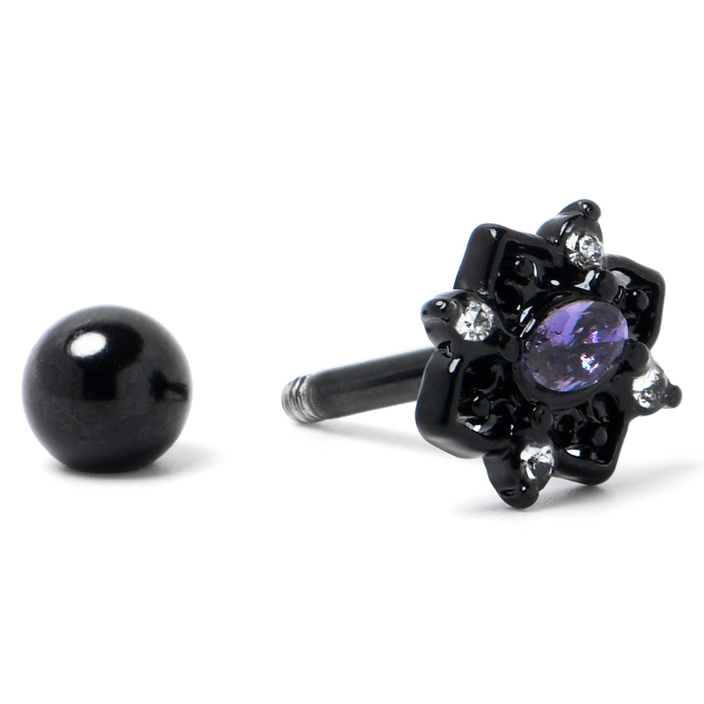 16G 1/4 Purple Gem Black Scrolling Hearts Cartilage Tragus Earring