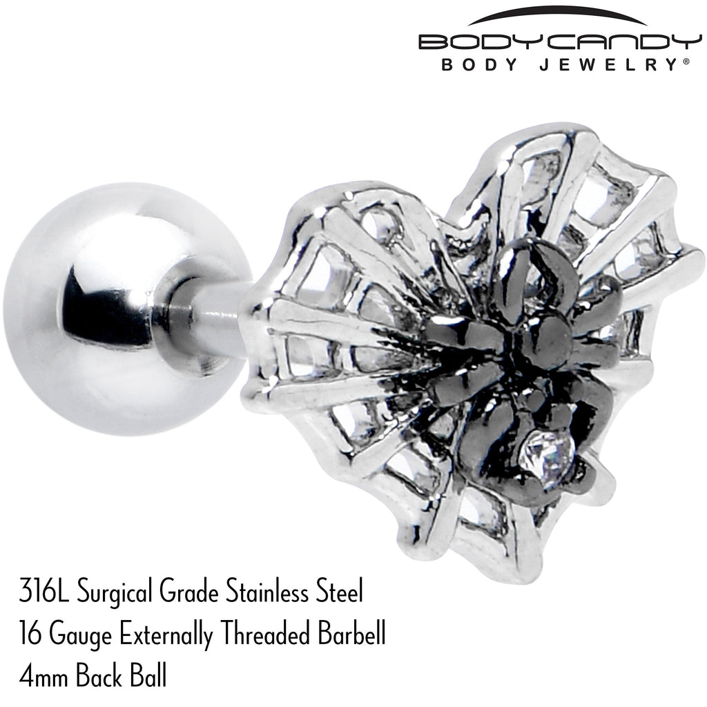 16G 1/4 Clear CZ Gem Heart of Spider Cartilage Tragus Earring