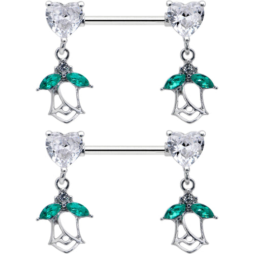 14G 9/16 Clear CZ Gem Hearts And Roses Dangle Nipple Ring Set