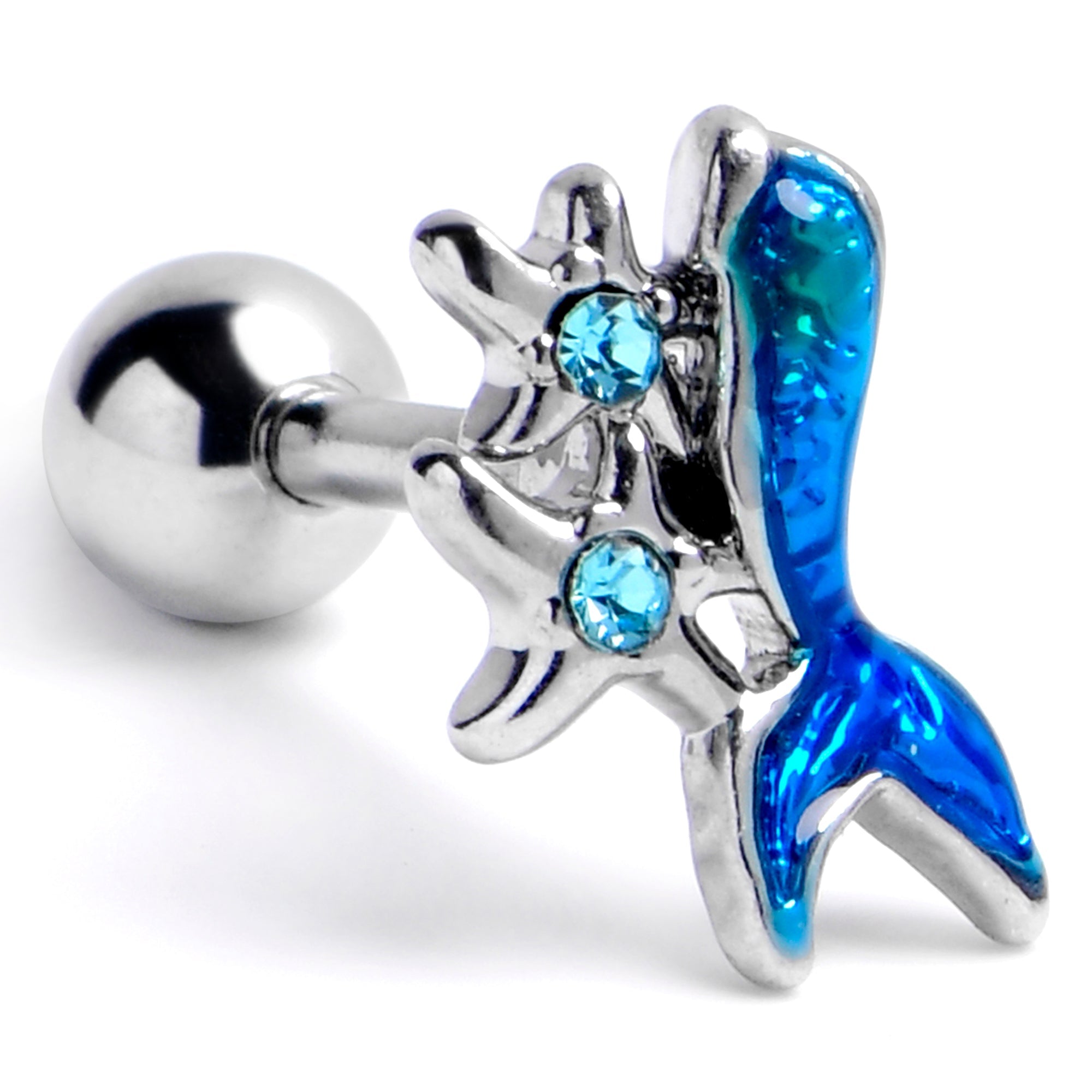 16G 1/4 Blue Gem Mermaid Tail Blue Stars Cartilage Tragus Earring