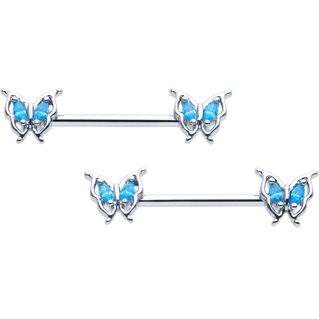 14G 9/16 Blue Gem Fancy Fab Butterfly Barbell Nipple Ring Set