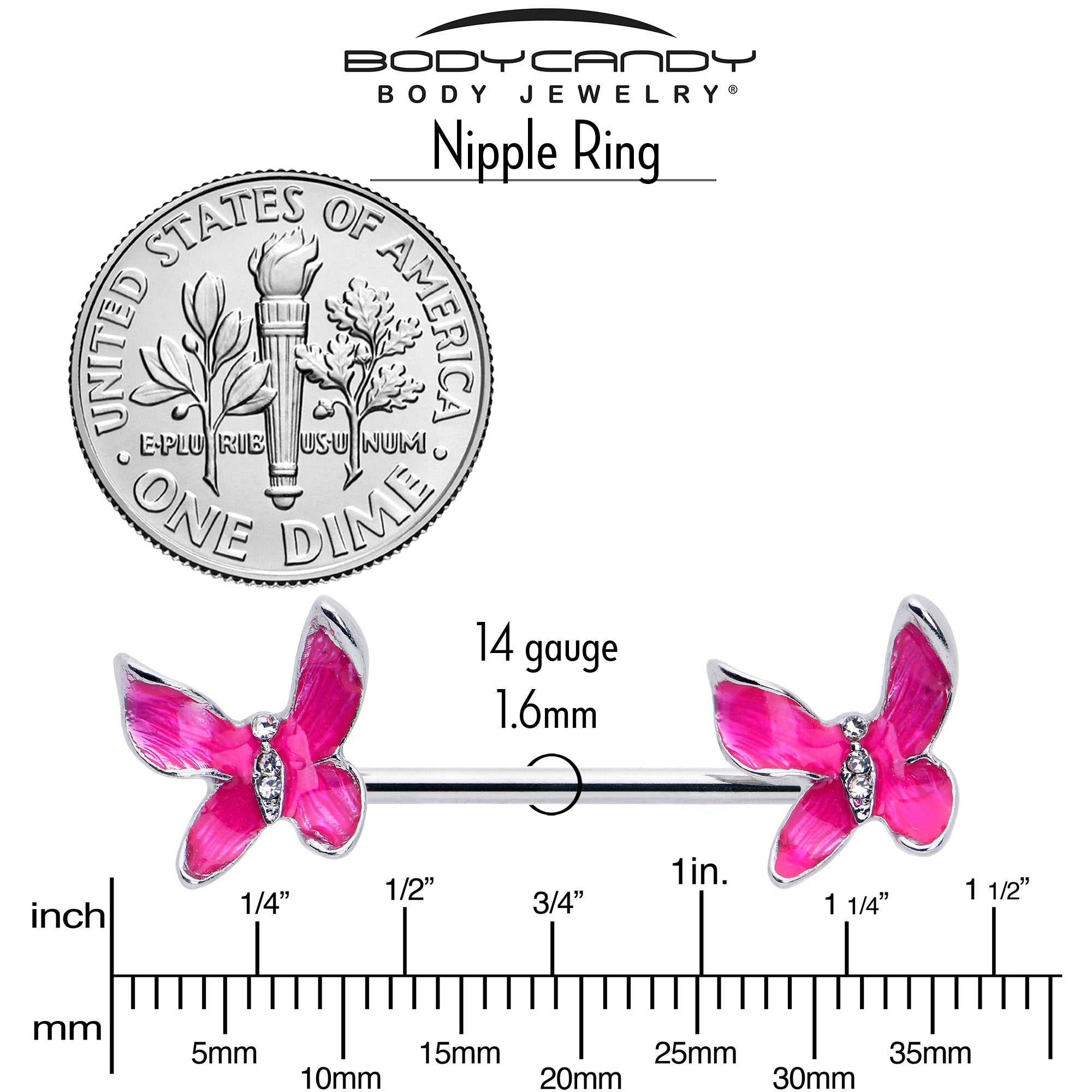 14G 9/16 Clear Gem Chunky Butterfly Pink Barbell Nipple Ring Set