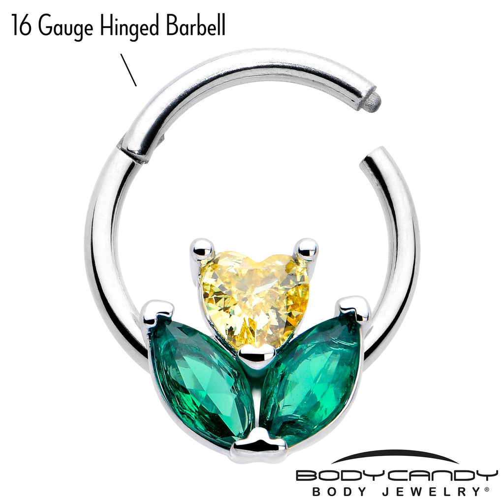 16G 5/16 Yellow Green CZ Gem Love Flower Hinged Segment Ring
