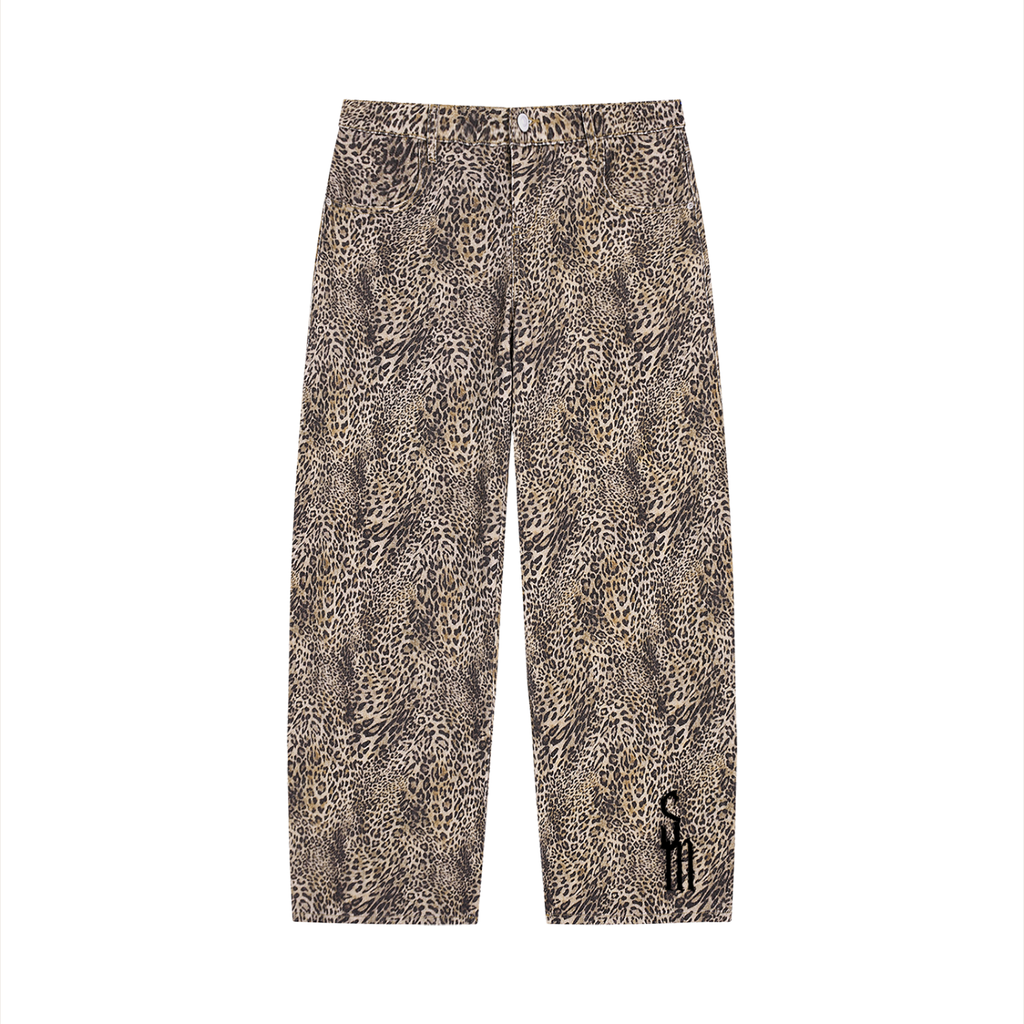 Unisex Vintage Wash Leopard Wide Leg Jeans