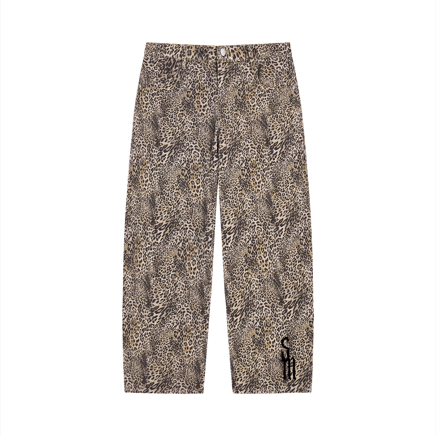 Unisex Vintage Wash Leopard Wide Leg Jeans