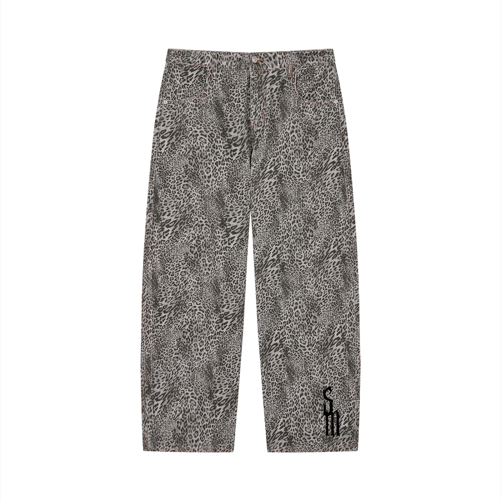 Unisex Vintage Wash Leopard Wide Leg Jeans