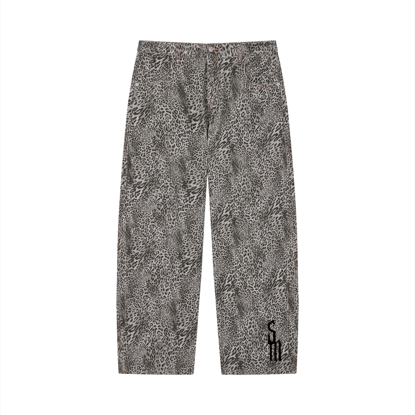 Unisex Vintage Wash Leopard Wide Leg Jeans