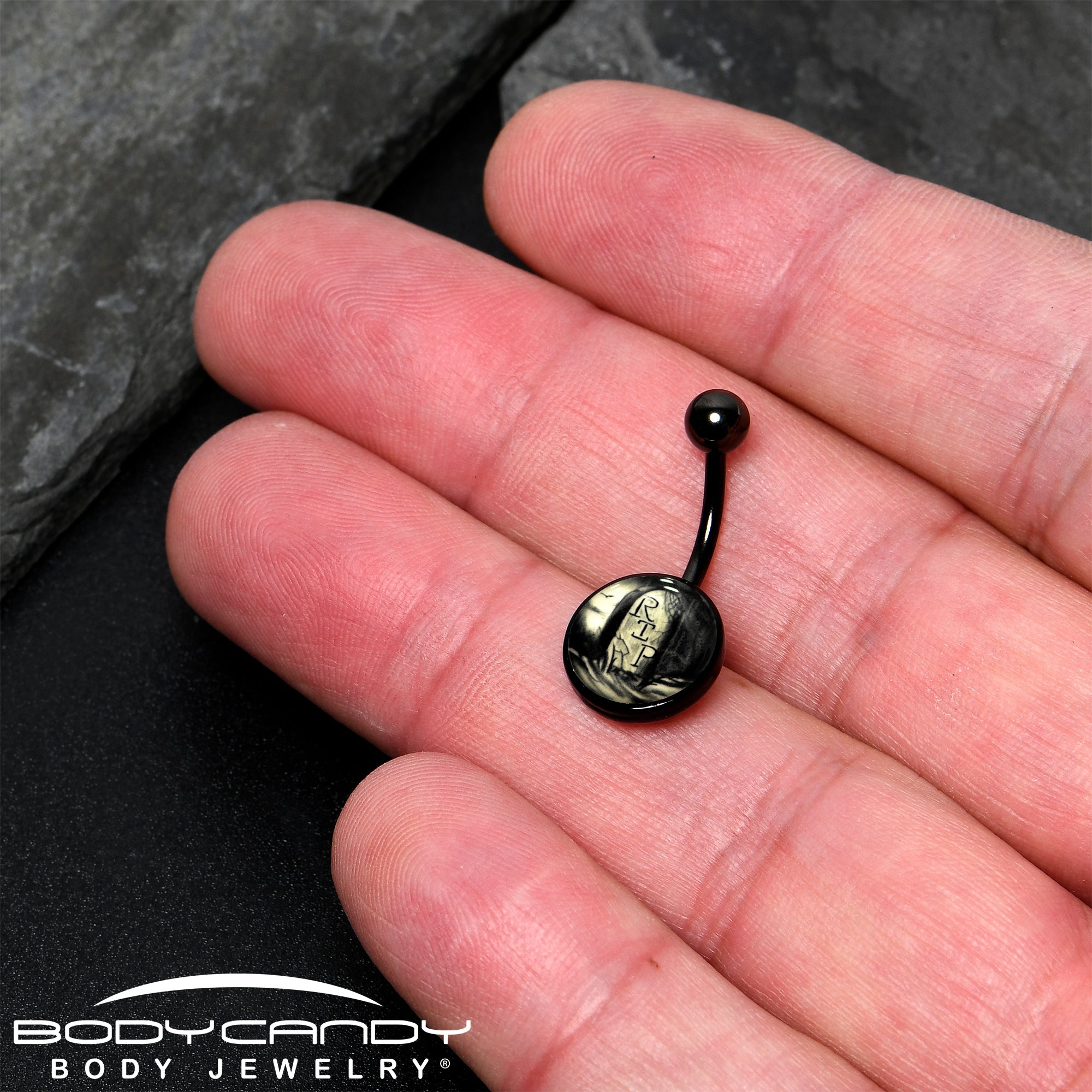 Black Titanium RIP Tombstone Glow in the Dark Belly Ring