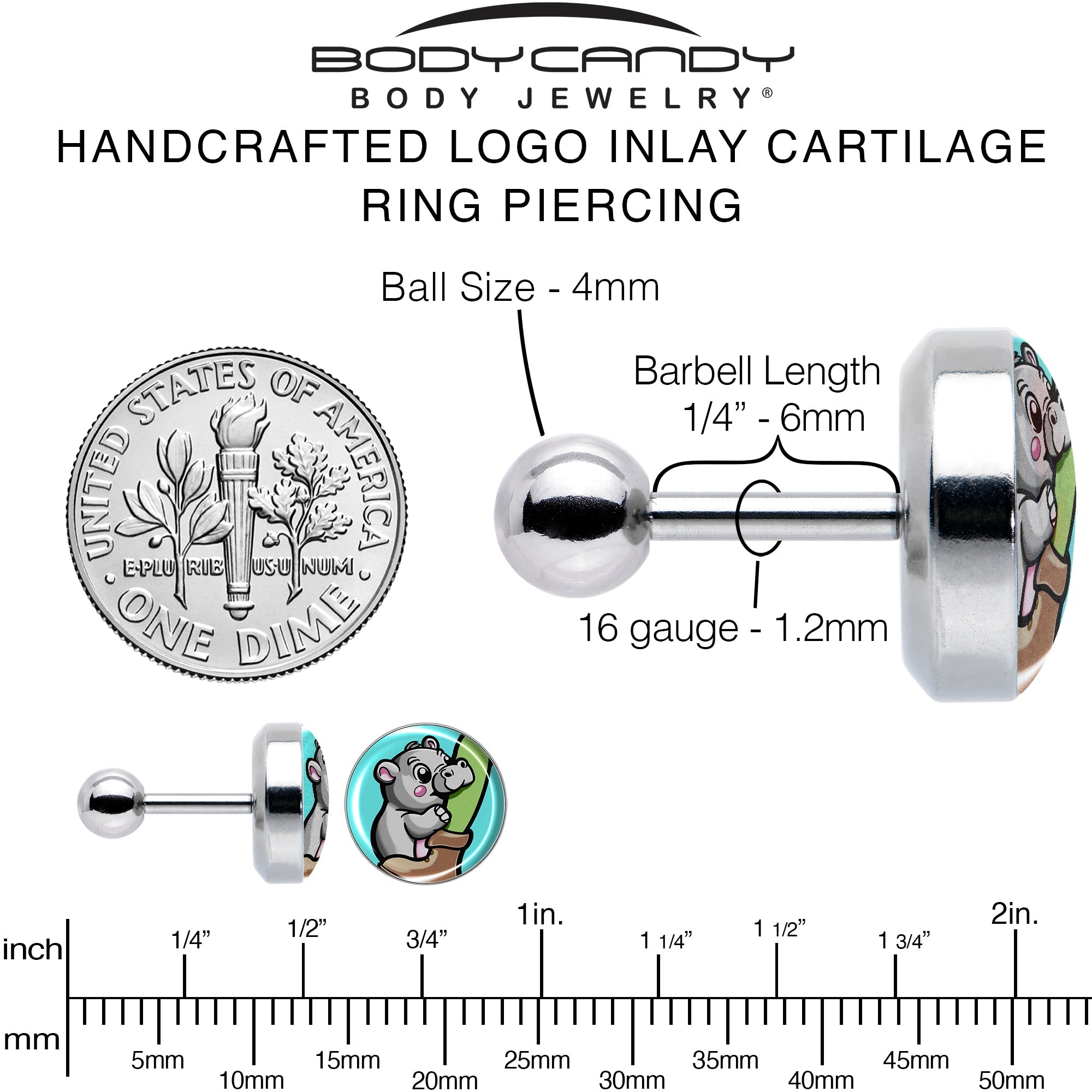16G 1/4 Cute Biting Baby Hippo Cartilage Tragus Earring