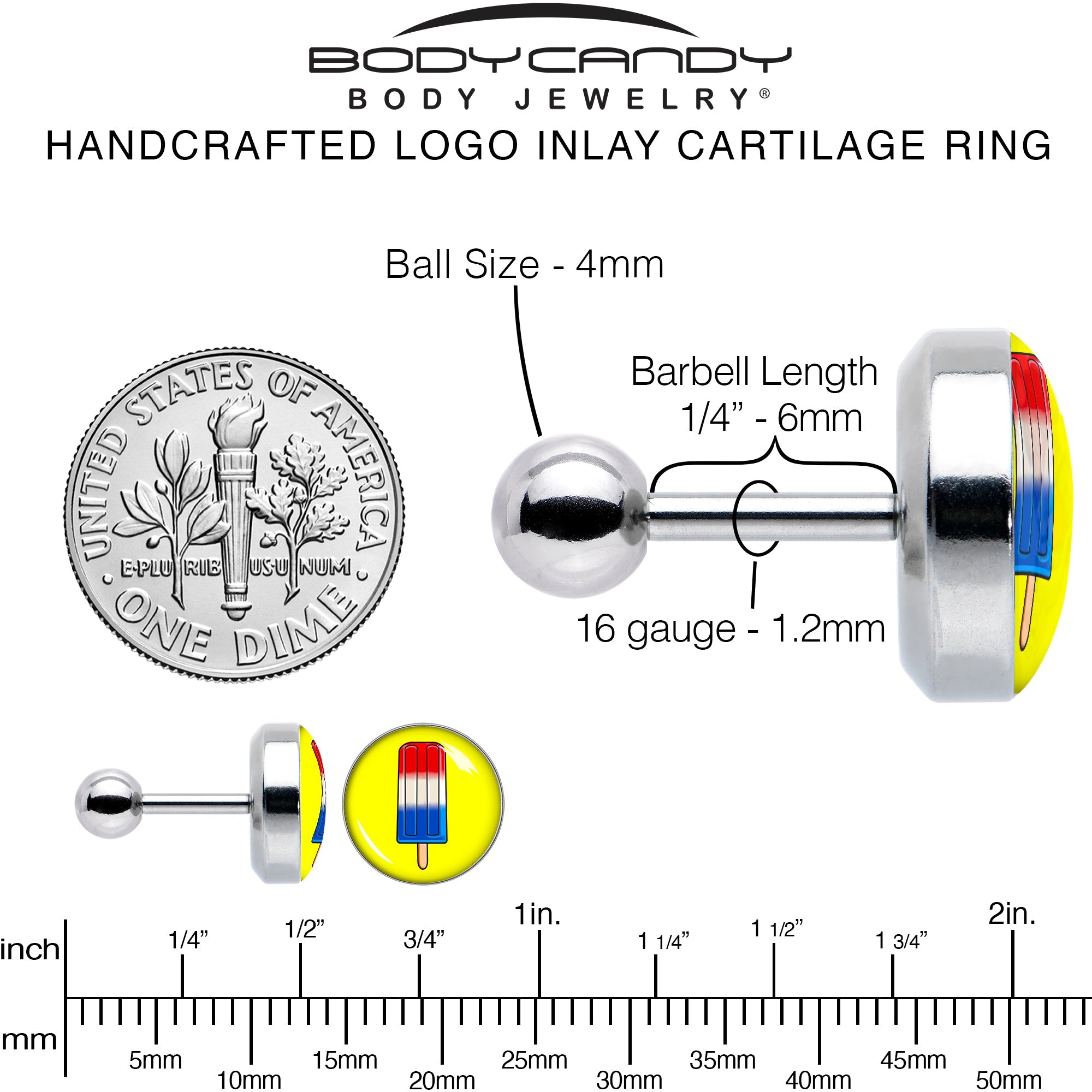 16G 1/4 Popsicle Treat Cartilage Tragus Earring by Onyx O
