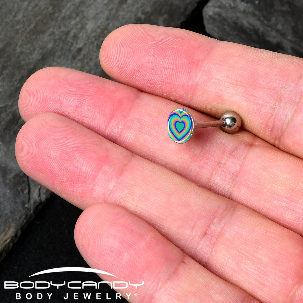 Rainbow Retro Heart Barbell Tongue Ring by Onyx O
