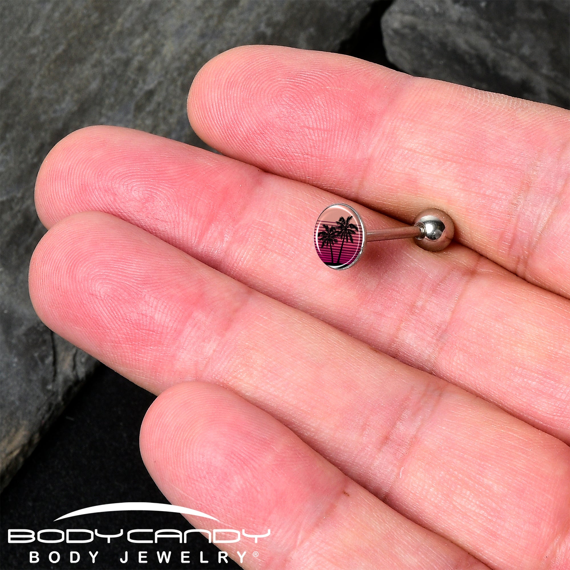 Palm Tree Retro Sunset Barbell Tongue Ring by Onyx O