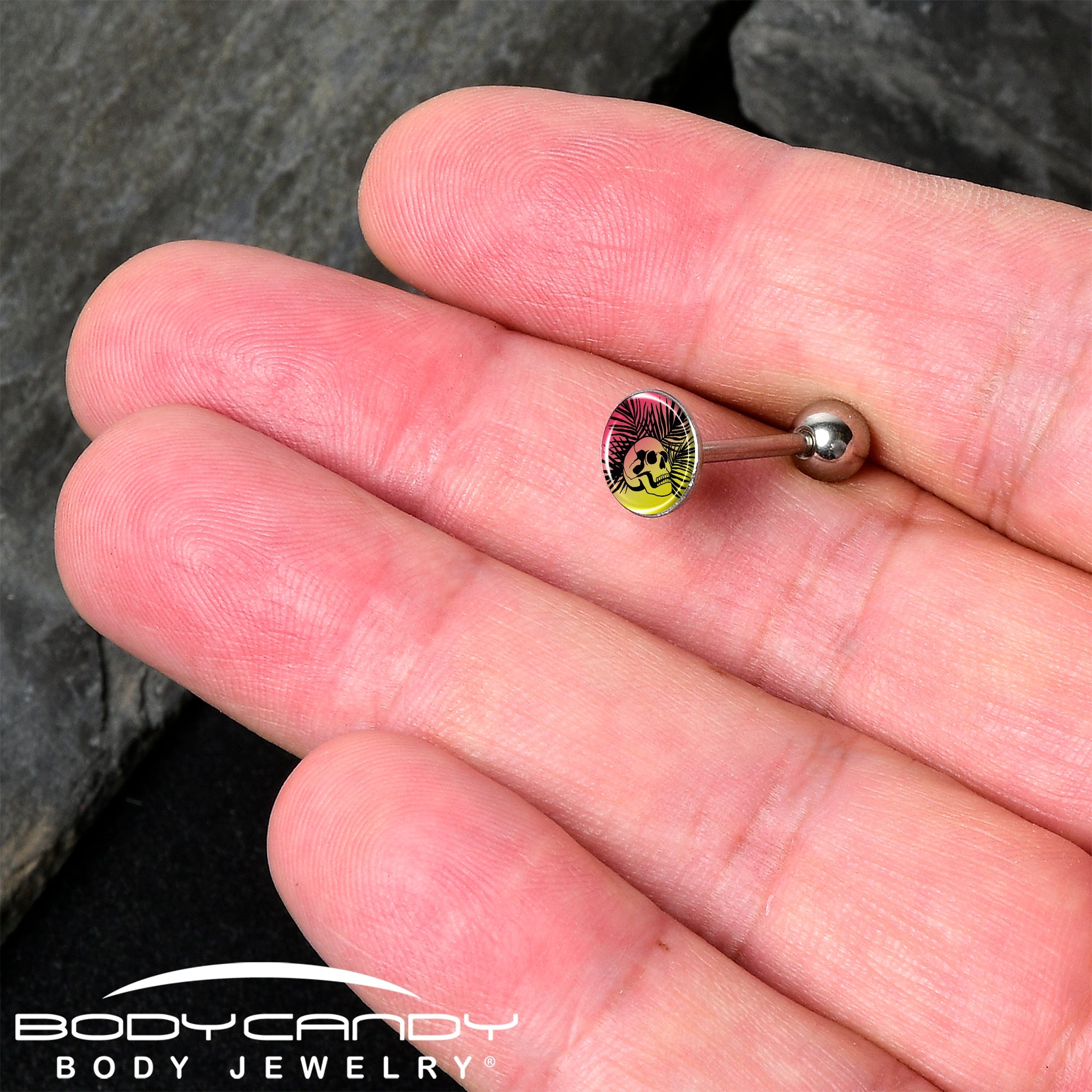 Red Haze Sunset Skull and Palms Barbell Tongue Ring by Onyx O