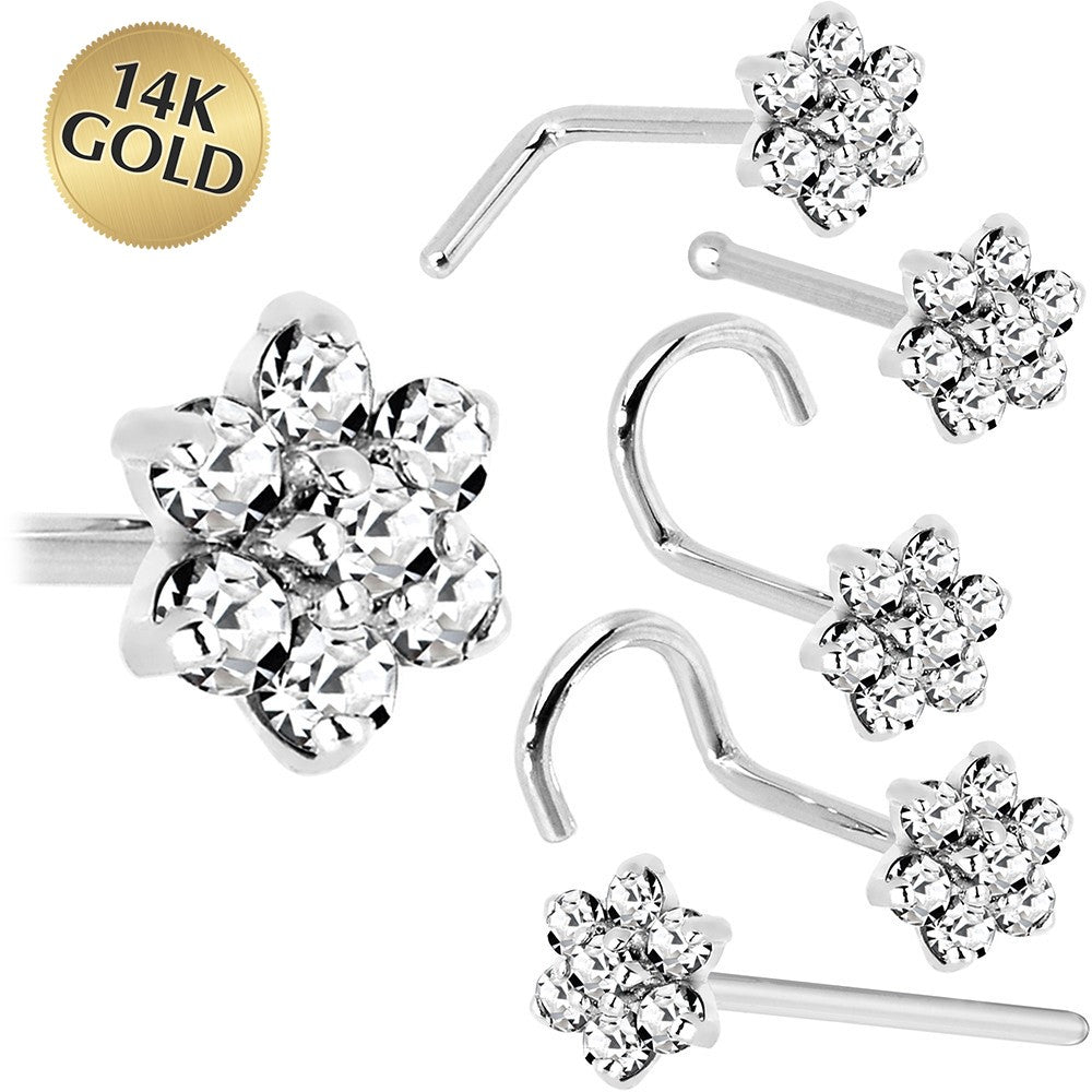 Solid 14K White Gold Clear Cubic Zirconia Flower Nose Ring