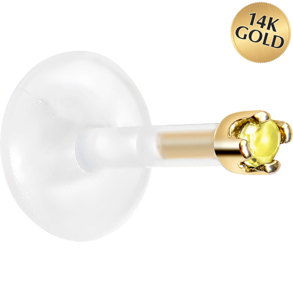 16G 1/4 14K Yellow Gold November 1.5mm CZ Bioplast Push in Cartilage Earring