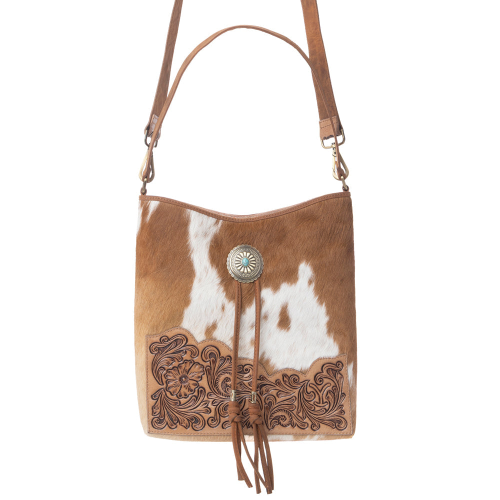 Myra Yellowstone Tawny Ridge Handtooled Hairon Concealed Carry Bag in Ivory Mocha