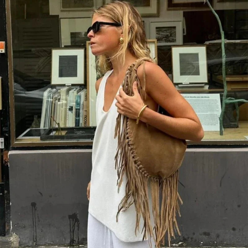 Boho Style Fringe Rivet Crossbody Bag