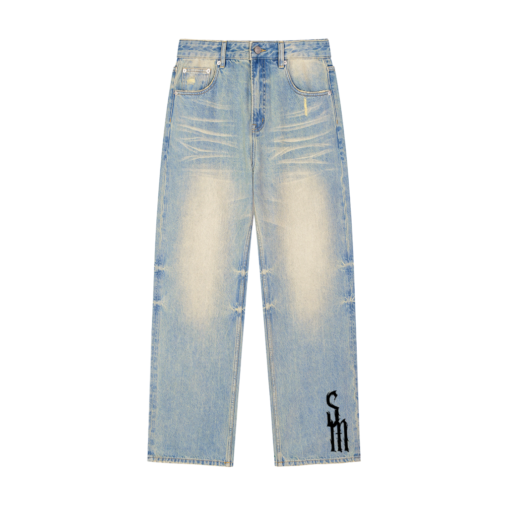 Sun Fade Raw Hem Denim Jeans